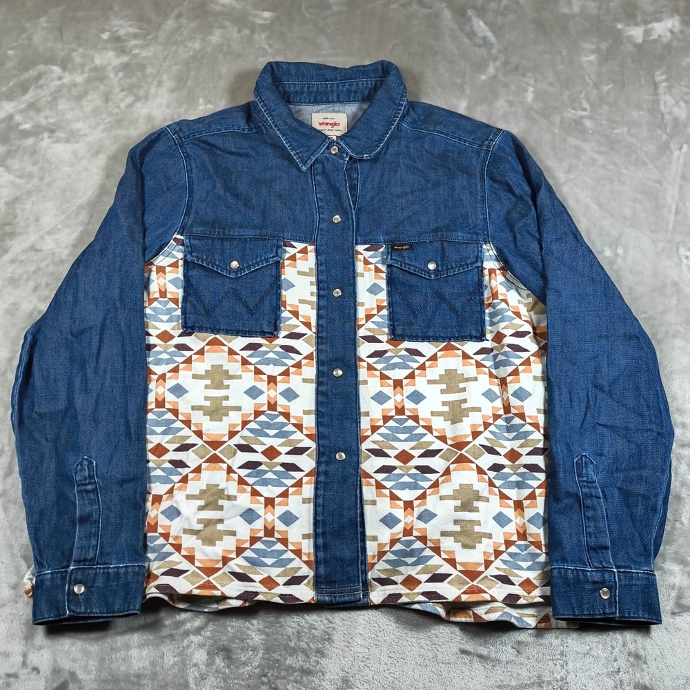 Wrangler Western Shirt Womens XXL Denim Aztec Pearl Snap Rodeo‎ Cowboy Southwest